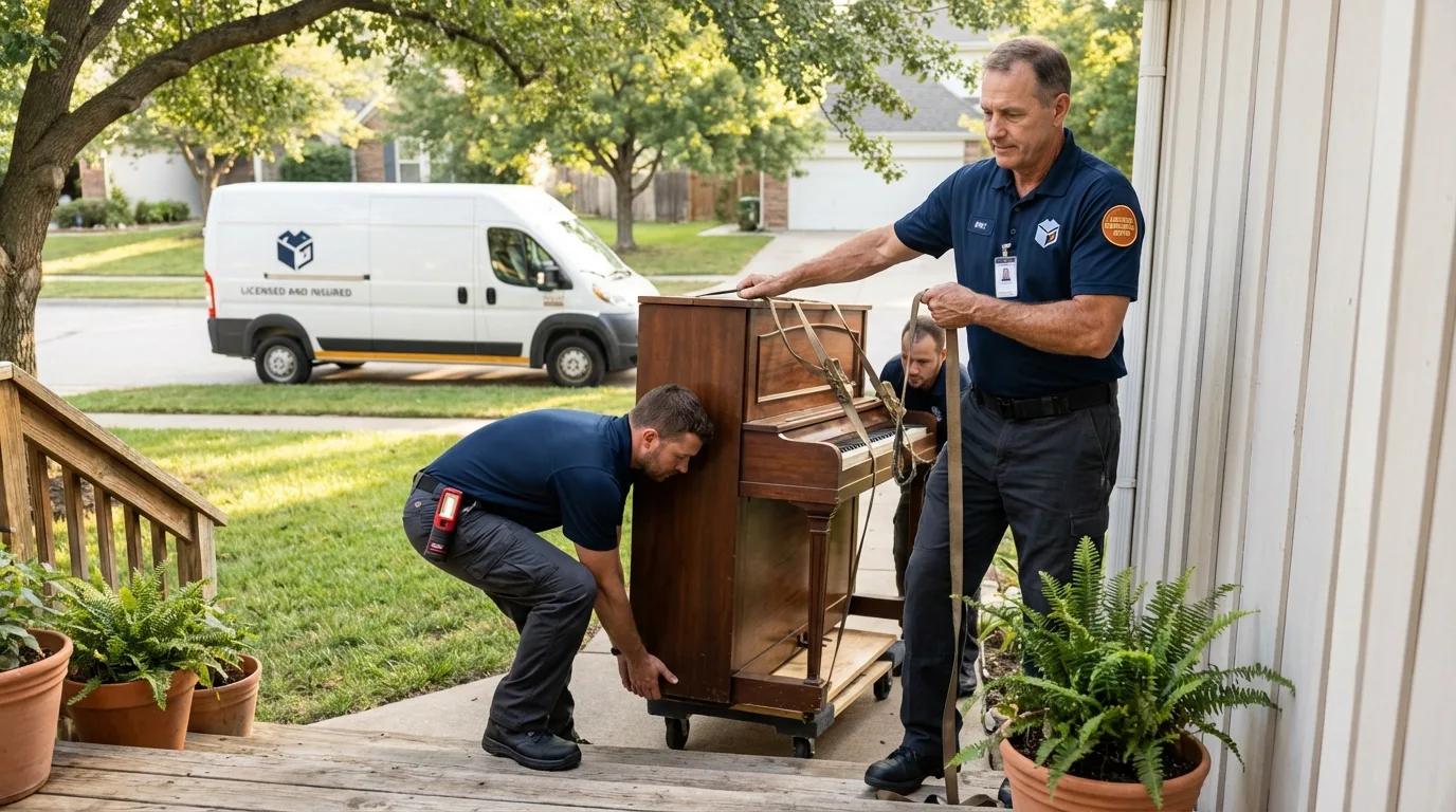 Licensed piano movers securing grand piano in Spring Hope, NC