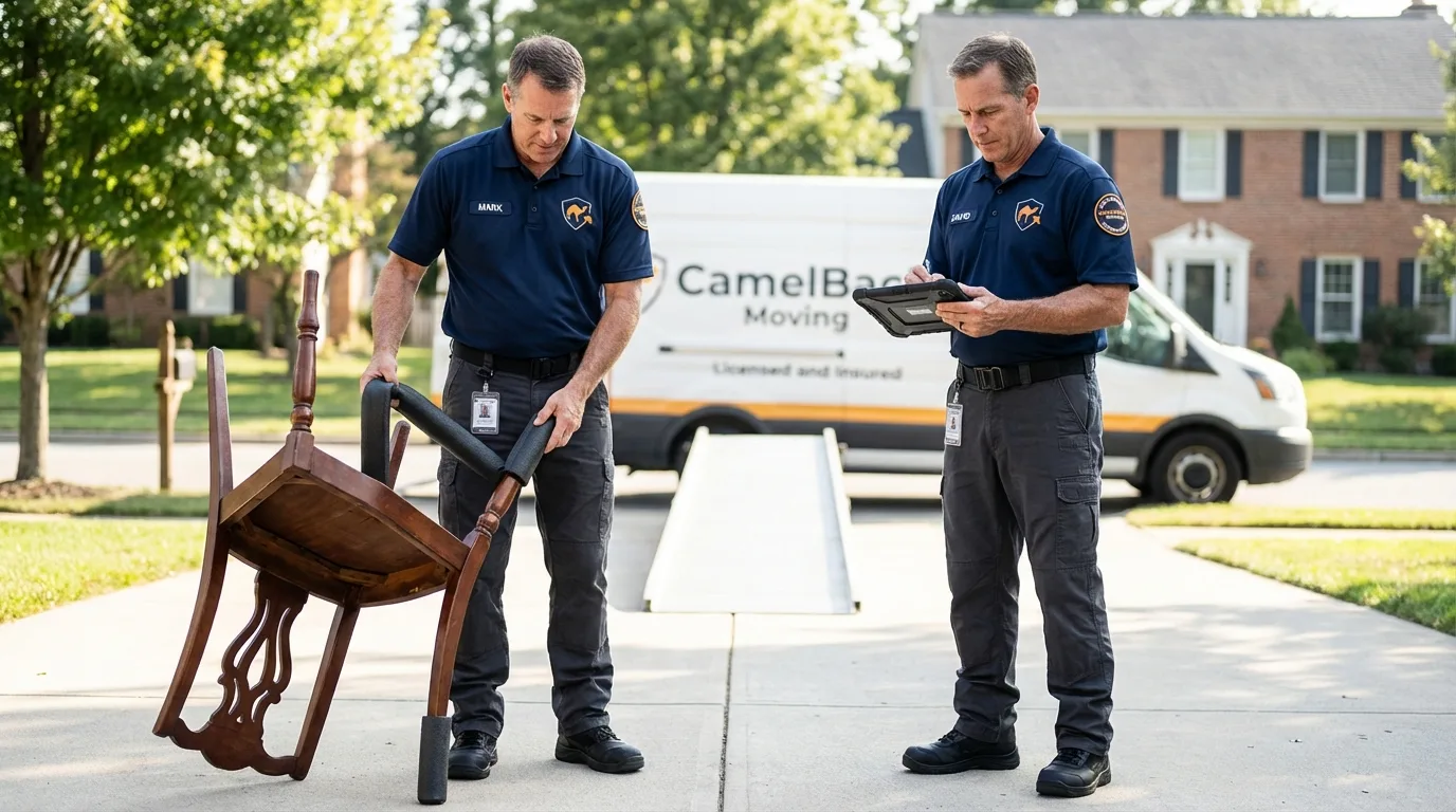 Movers inspecting furniture for damage prevention before loading in Spring Hope, NC